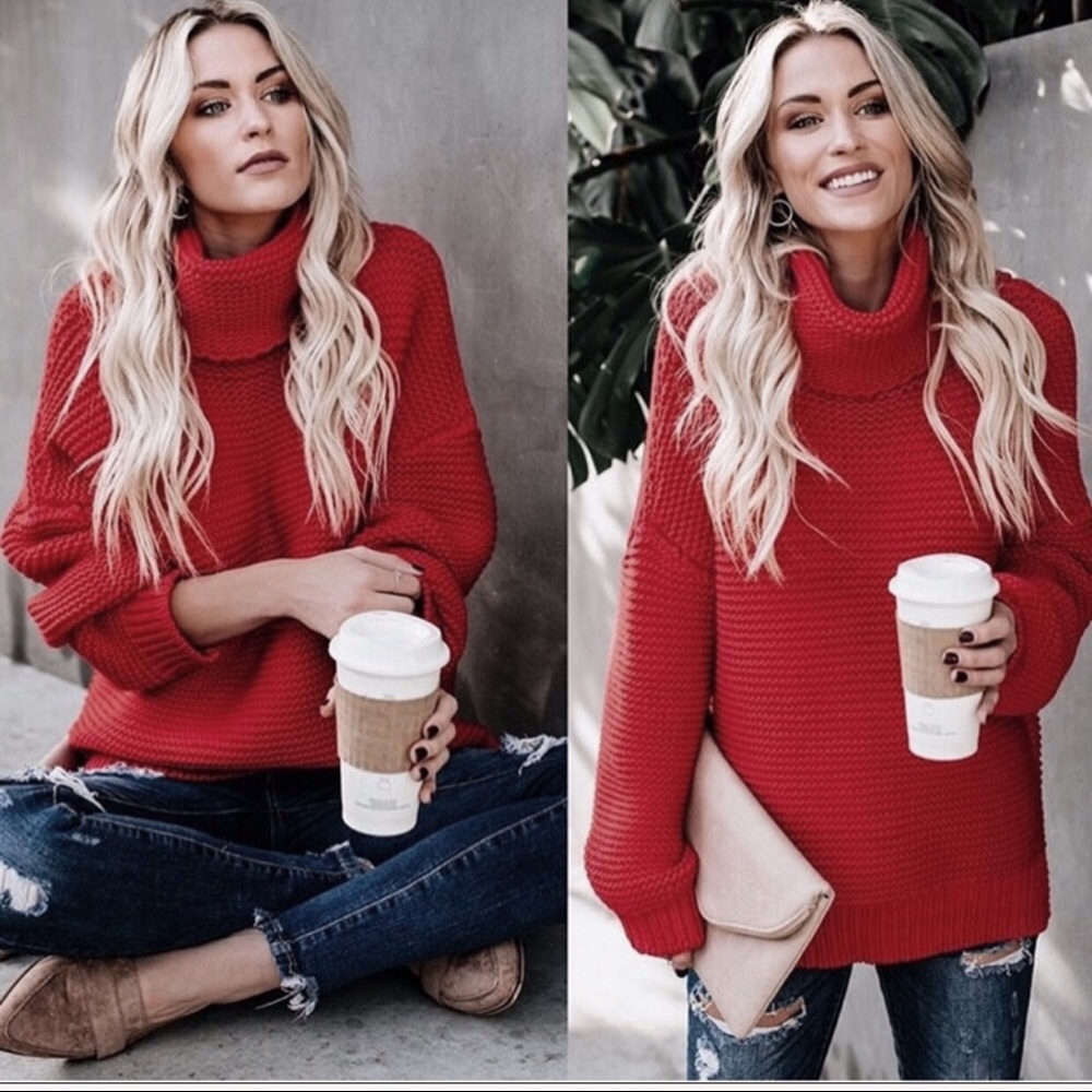 Red Knit Turtleneck Long Sleeve Oversized Sweater